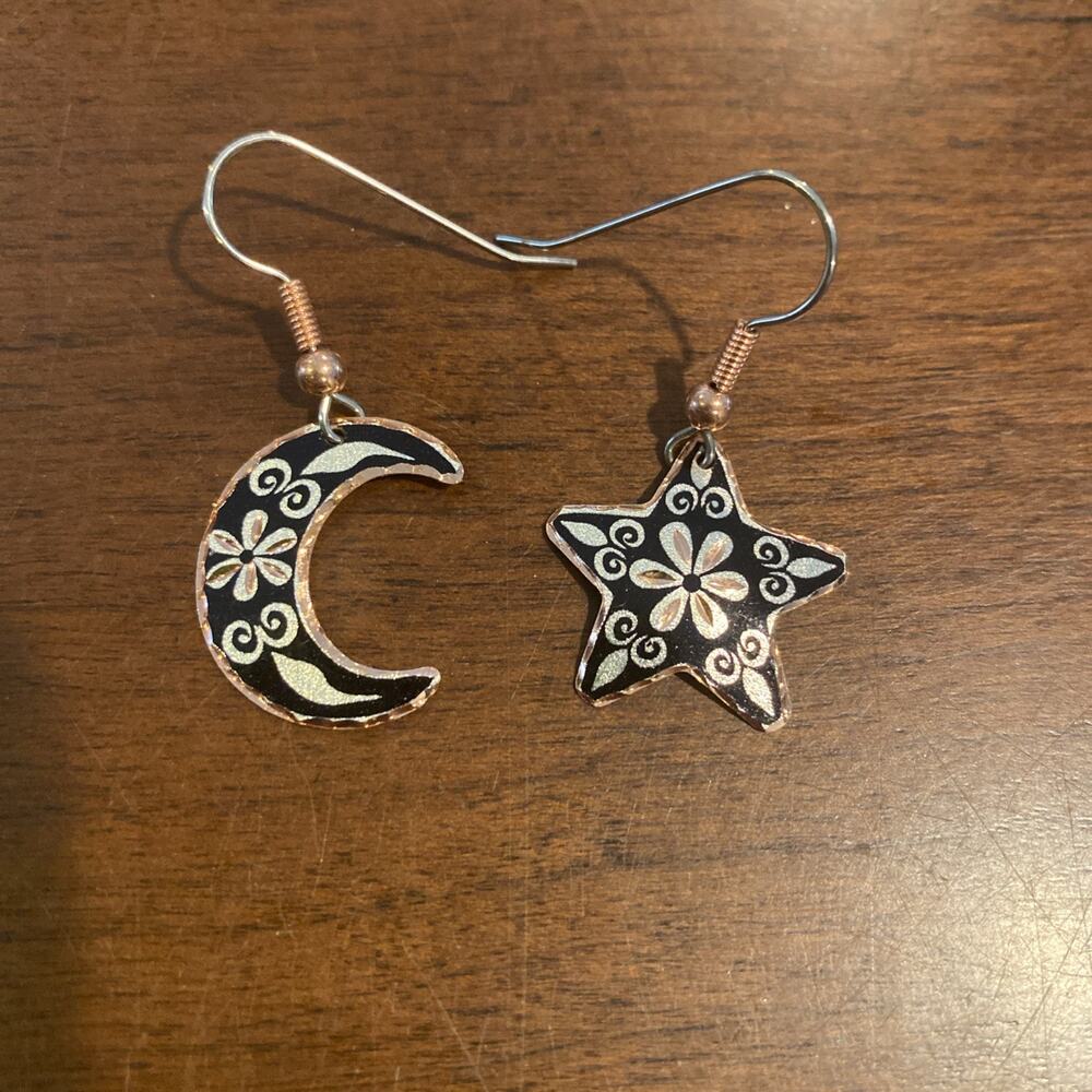 Mismatched Celestial COPPER Crescent MOON & STAR Dangle Earrings BLACK & Silver